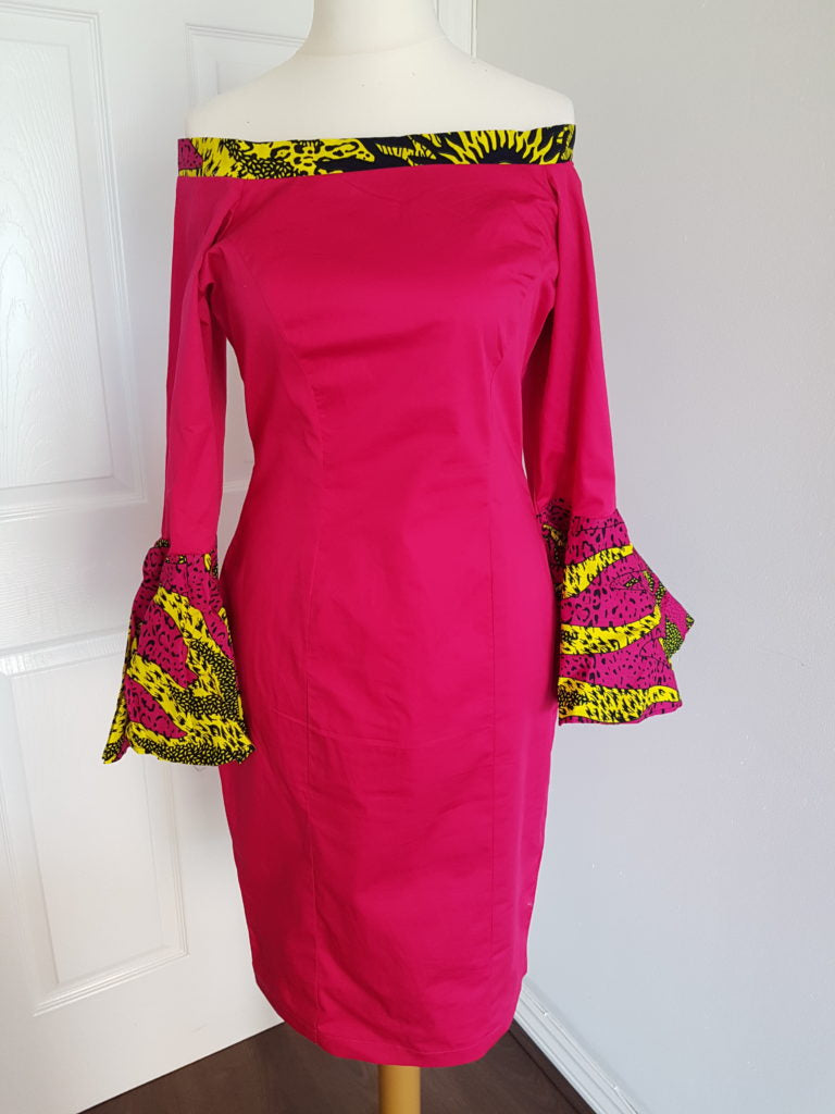 Fitted Bardot dress with Ankara Trimming
