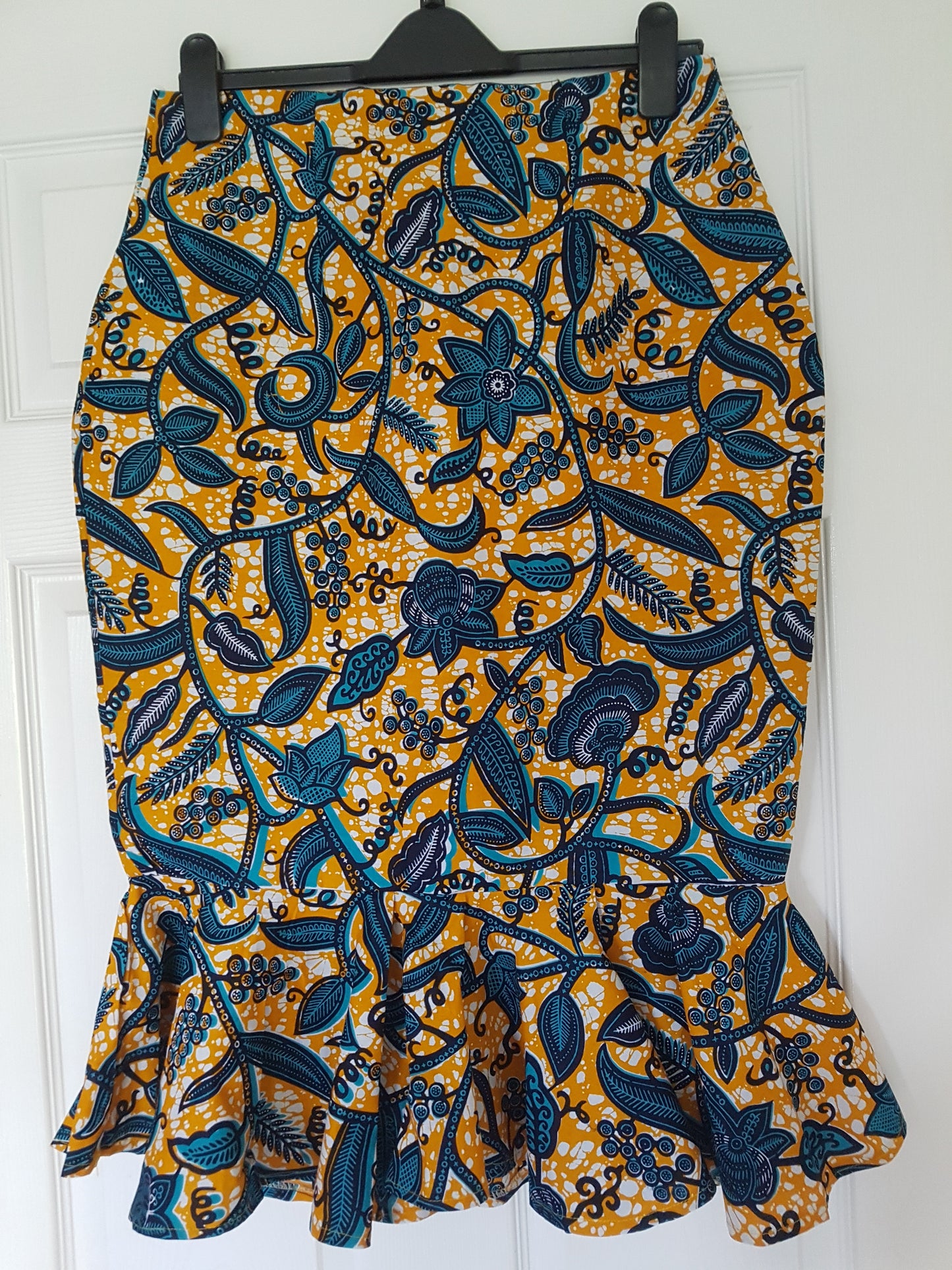 Ankara Pencil Skirt with Peplum Hem - Blue leaf
