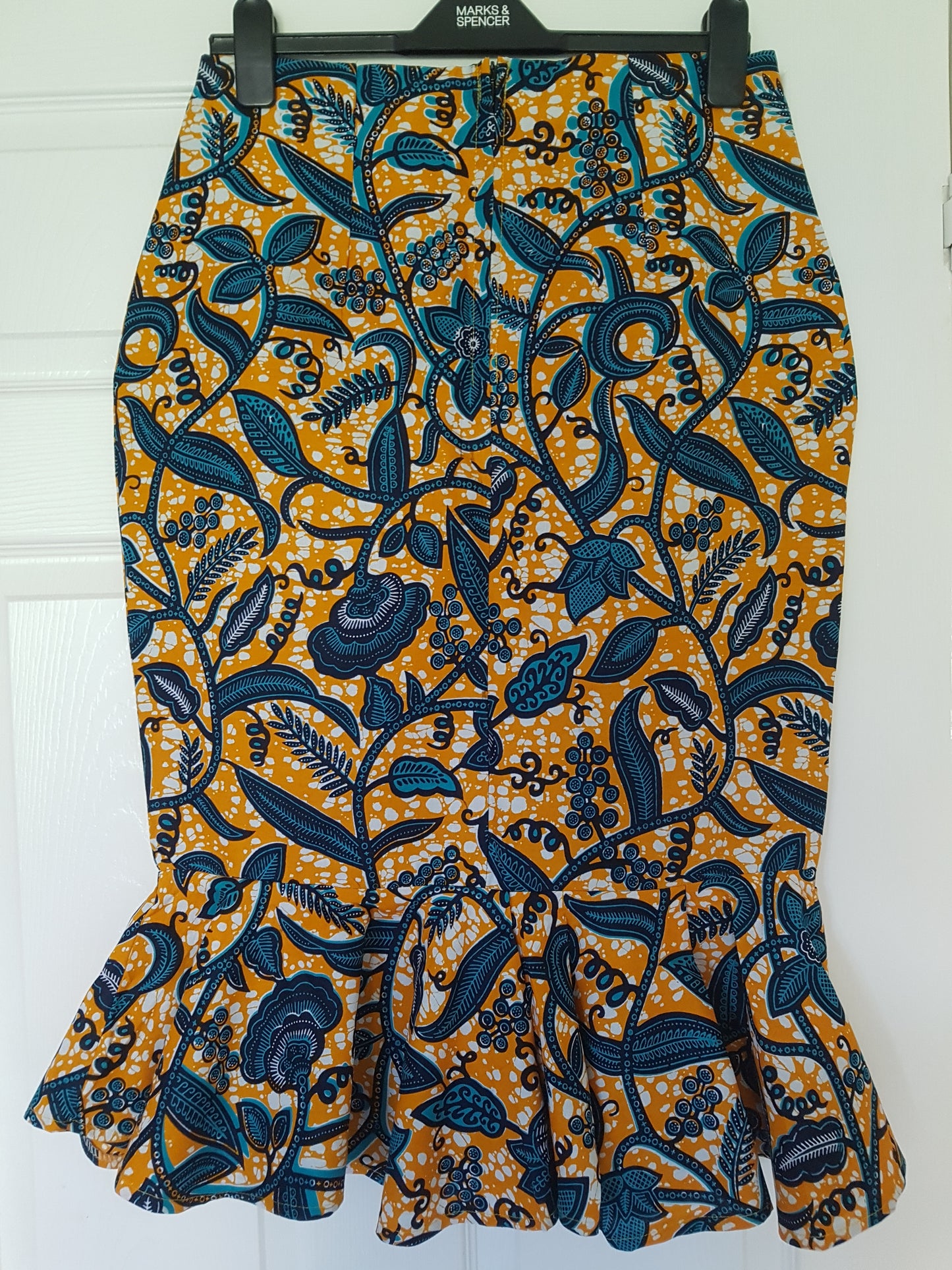 Ankara Pencil Skirt with Peplum Hem - Blue leaf