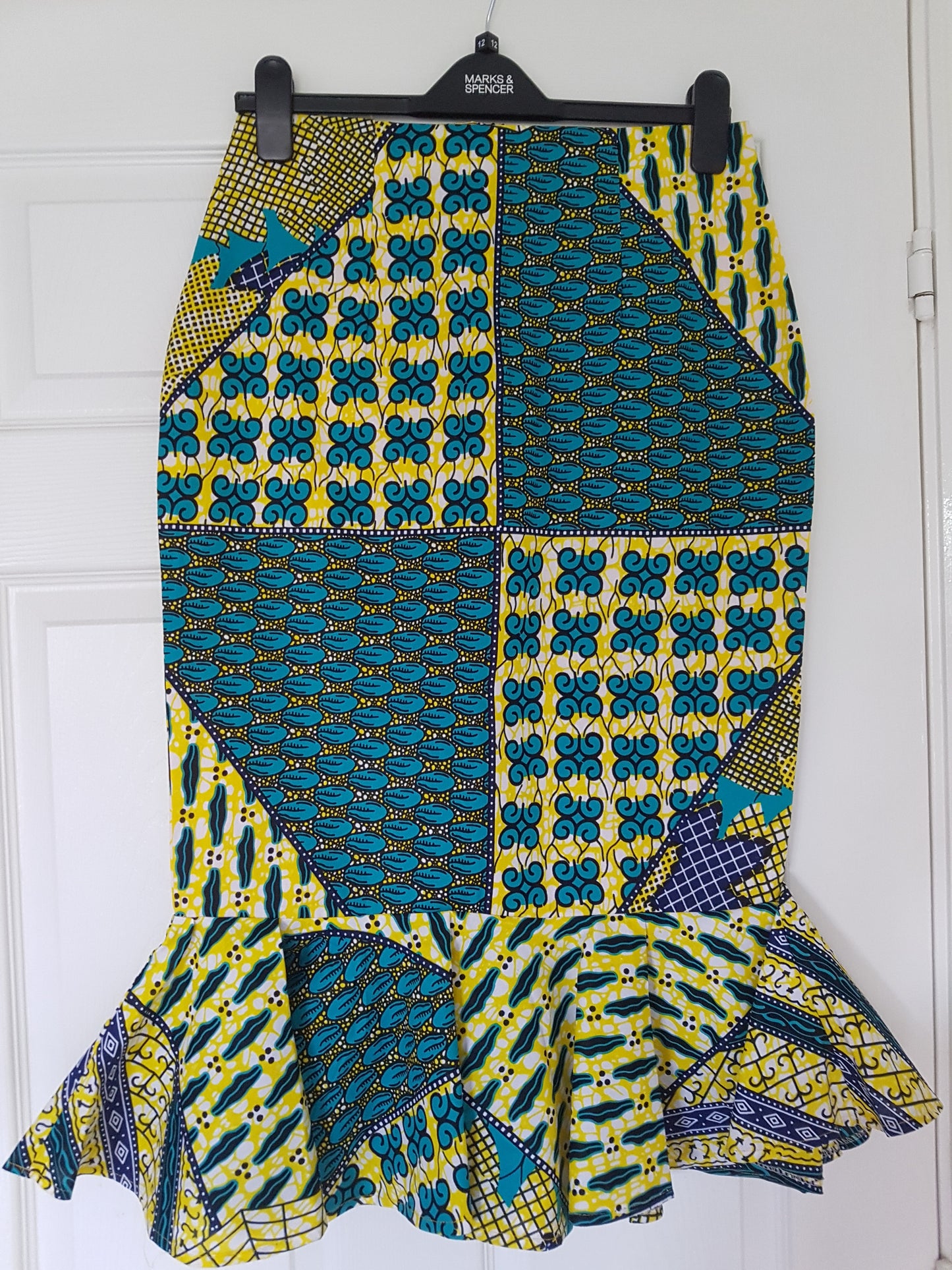 Ankara Pencil Skirt with Peplum Hem - Yellow/Turquoise