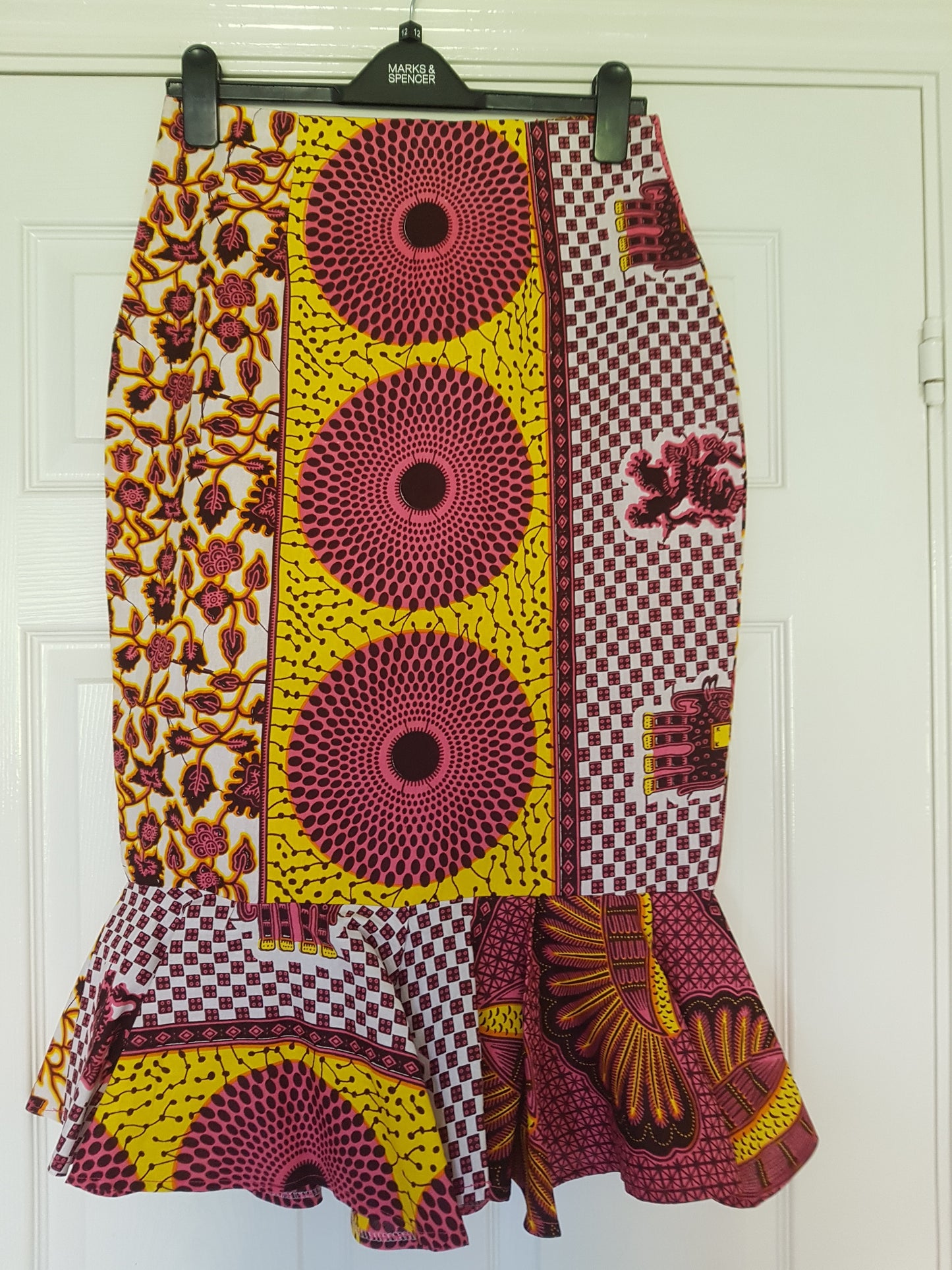 Ankara Pencil Skirt with Peplum Hem - Pink Patchwork