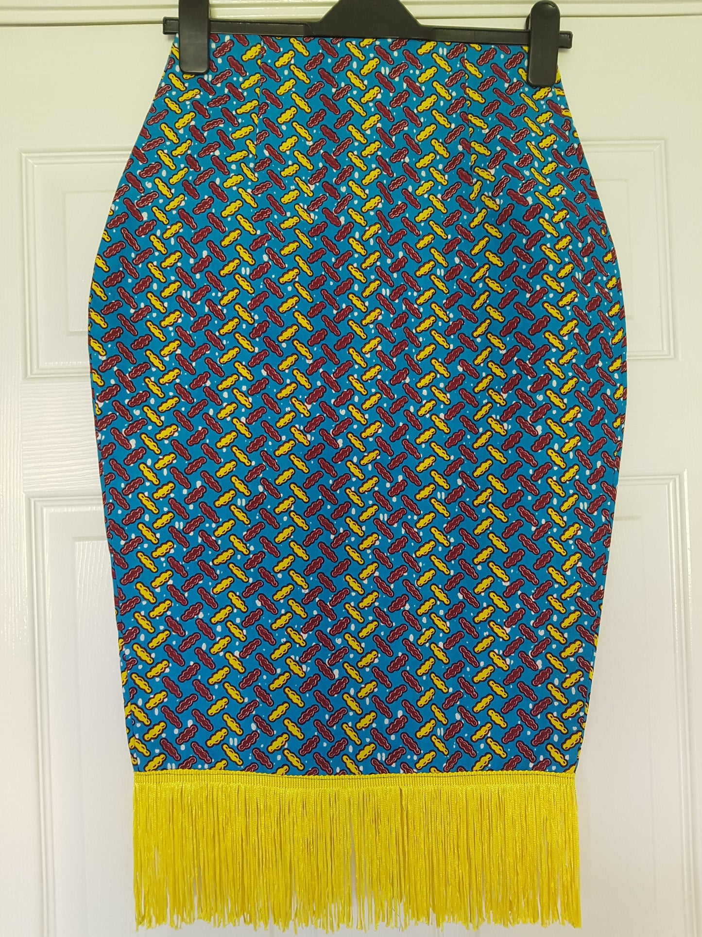 Ankara Pencil Skirt with Yellow Fringe Trim