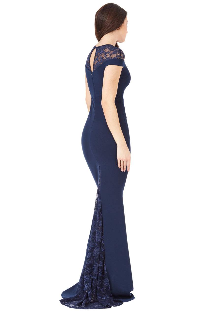 Pleated Maxi Dress with Lace Detail - Navy