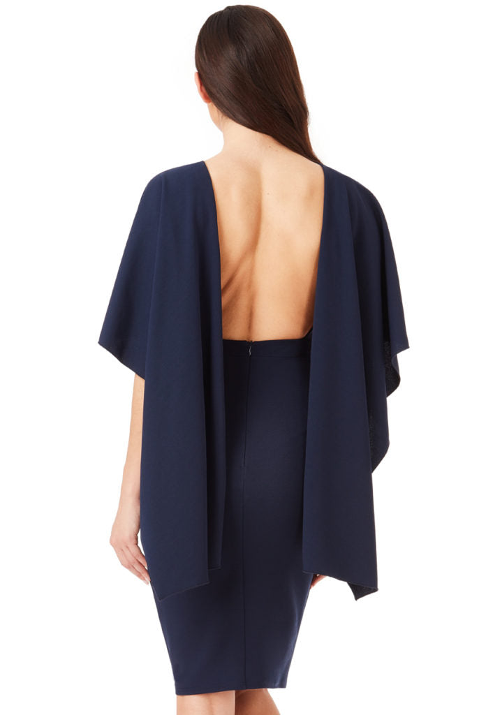 Open Back Mini Dress with Waterfall Sleeves - Navy