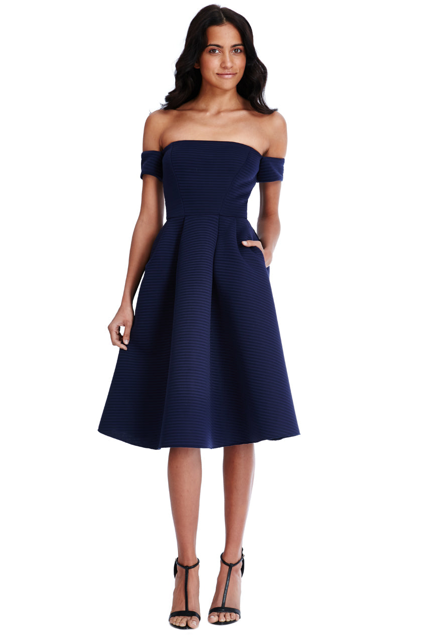 Bardot Full Skirt Midi Dress in Navy