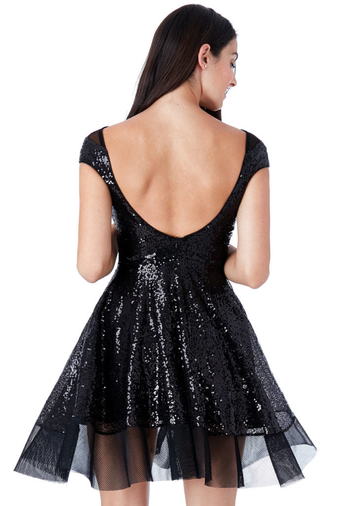 Open Back Sequin Skater Dress_Black
