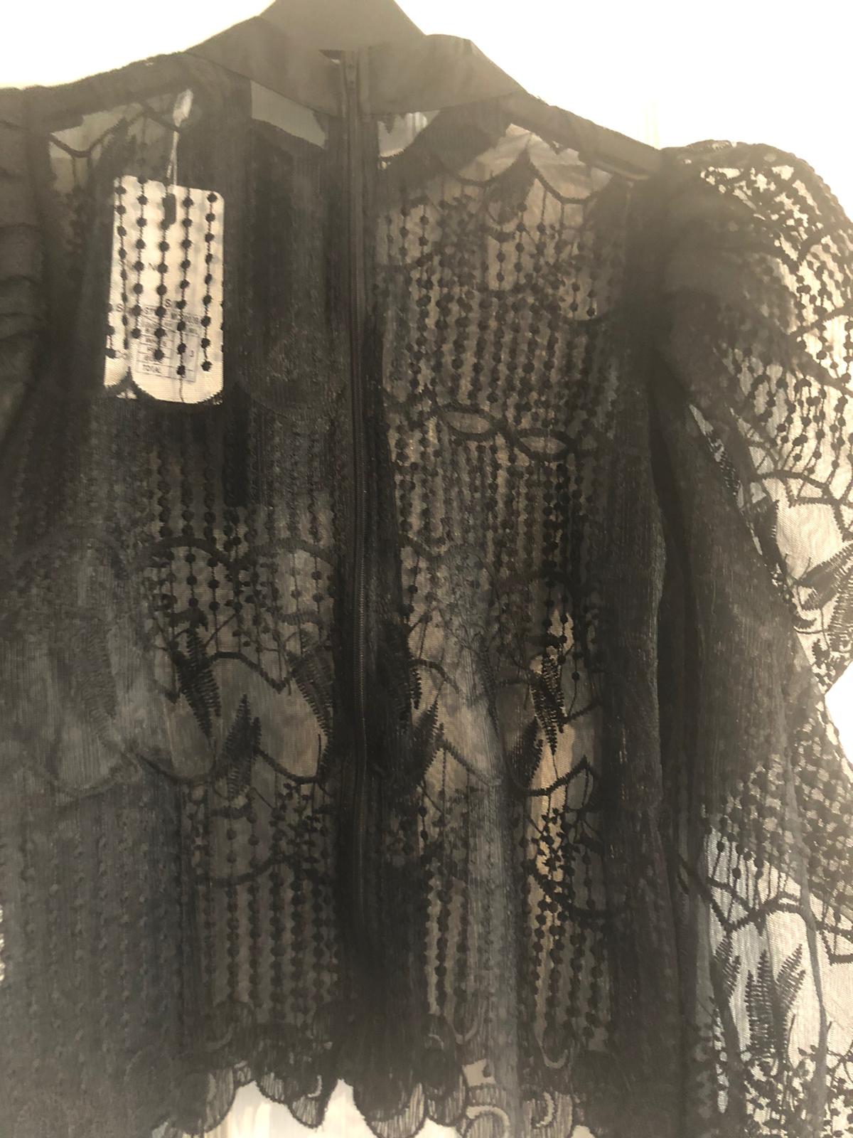 Black Lace Puff Sleeve Pussy Bow Blouse