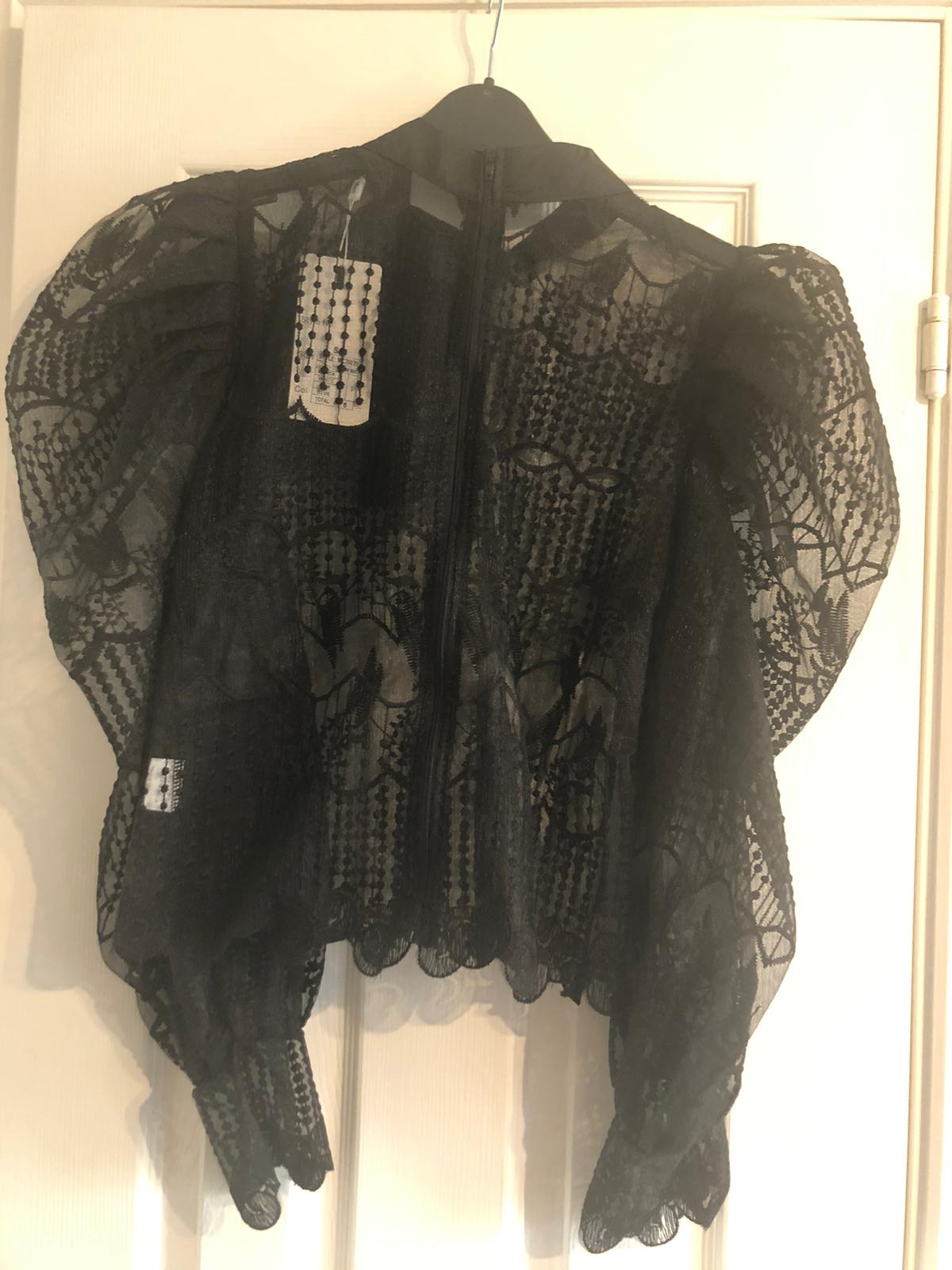 Black Lace Puff Sleeve Pussy Bow Blouse