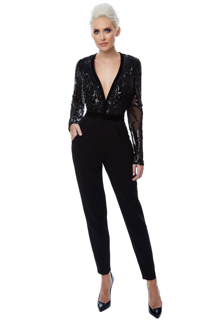 Deep V Neck Sequin Embroidered Jumpsuit - Black
