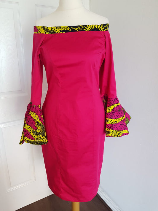 Fitted Bardot dress with Ankara Trimming