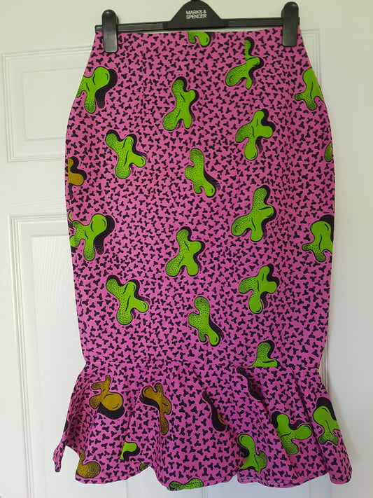 Ankara Pencil Skirt with Peplum Hem - Pink/Lime