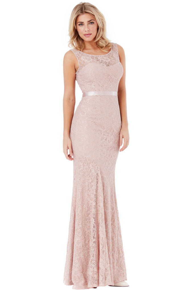Open Back Lace Maxi Dress with Ribbon Tie - Nude