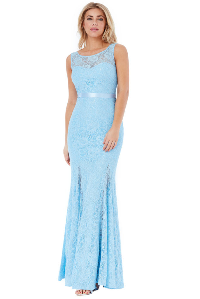 Open Back Lace Maxi Dress with Ribbon Tie - Powder Blue
