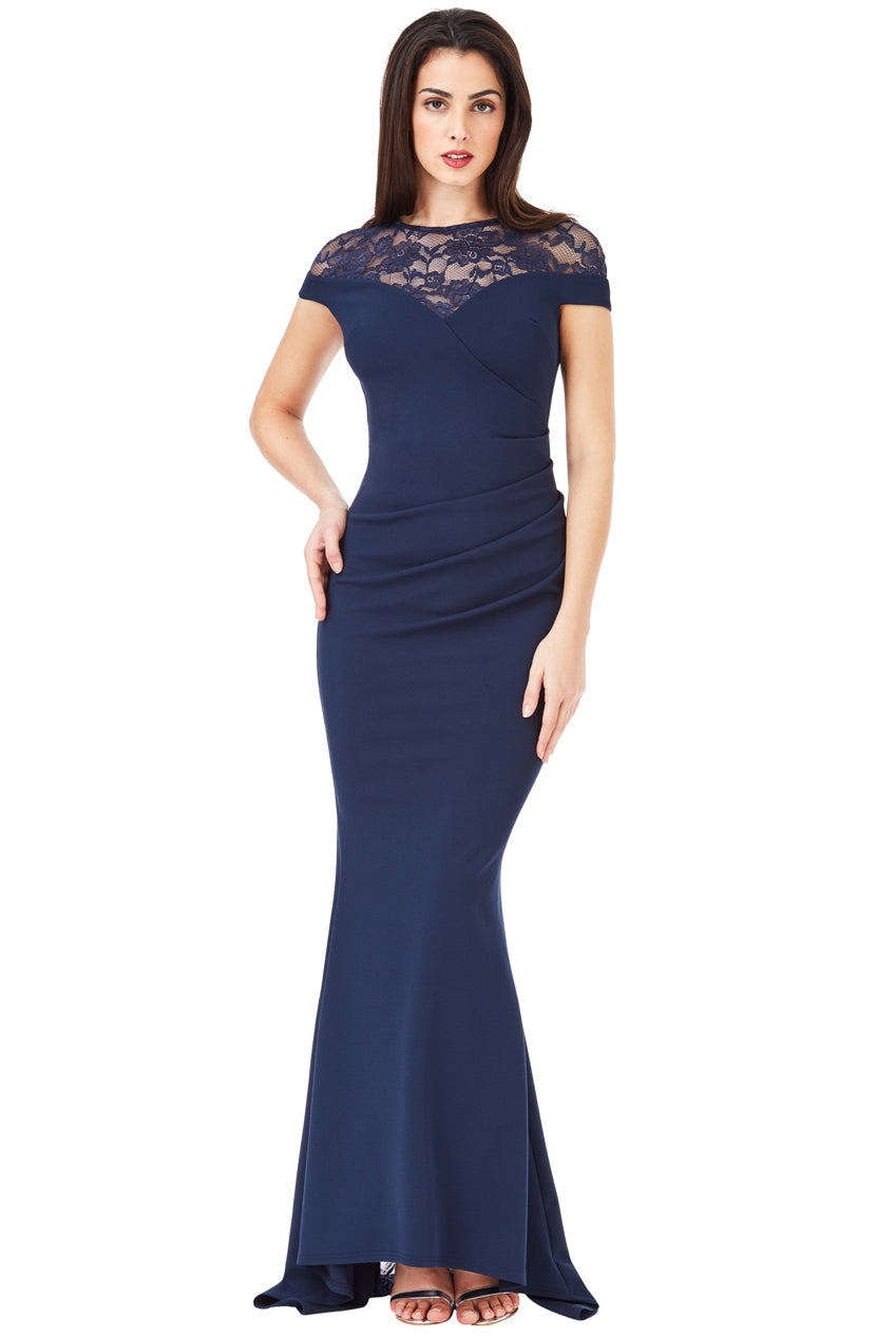 Pleated Maxi Dress with Lace Detail - Navy