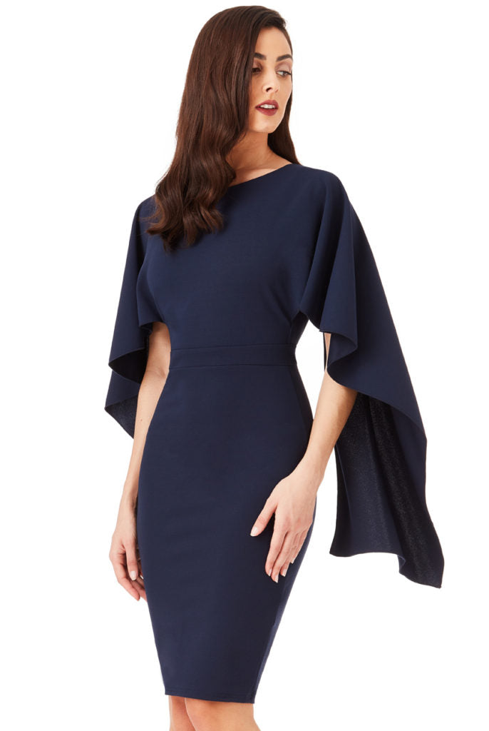 Open Back Mini Dress with Waterfall Sleeves - Navy