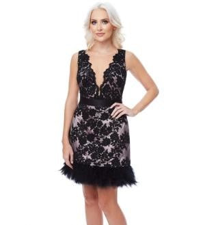 Embroidered Mini Dress with Feather Hem – Black Nude