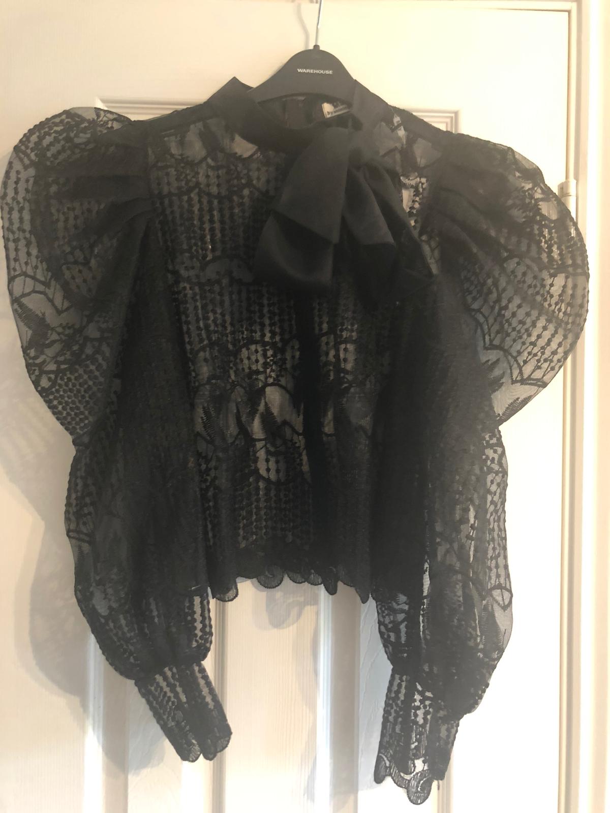 Black Lace Puff Sleeve Pussy Bow Blouse