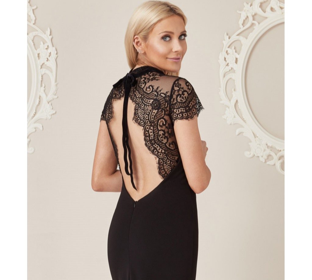 Open Back Dress with Lace Detail - Black