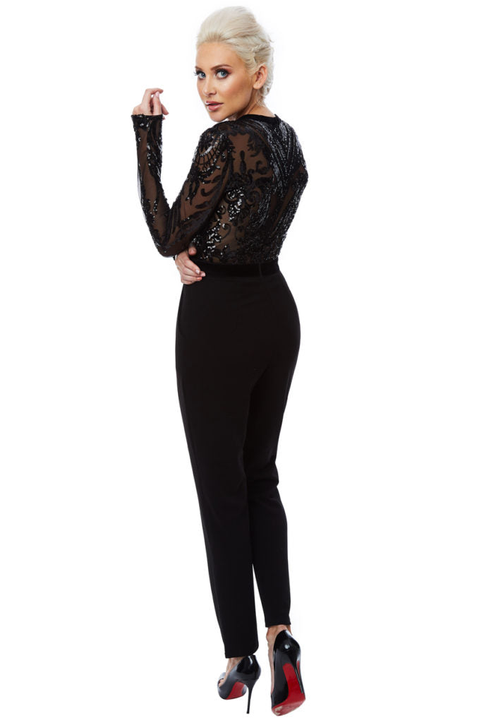 Deep V Neck Sequin Embroidered Jumpsuit - Black